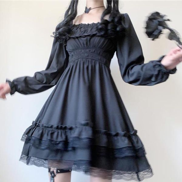 

casual dresses japanese lolita style women princess black mini dress slash neck high waist gothic puff sleeve lace ruffles party, Black;gray