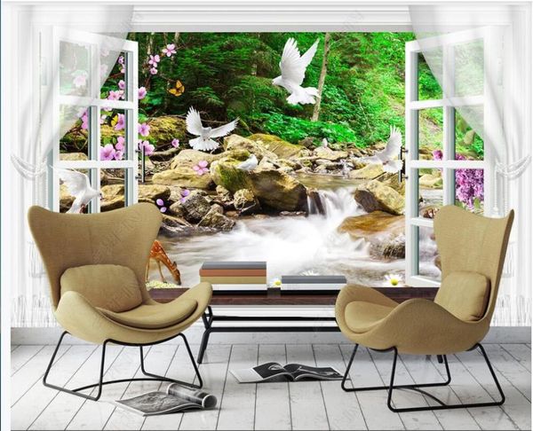 

wallpapers custom mural 3d po wallpaper the scenery outside window waterfall forest white dove for walls in rolls decor