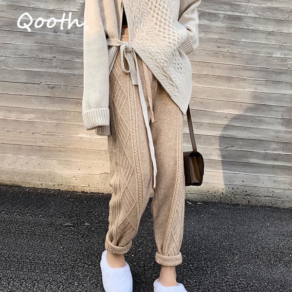 

qooth korean chic autumn winter women solid twisted woven harem pants long trousers casual knitted cotton female bottoms qt191 210518, Black;white