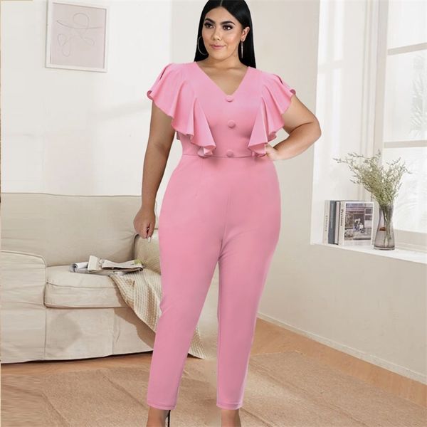 Tute aderenti con scollo a V Plus Size 4XL Bella rosa manica corta con volant Festa di compleanno Occasione Tuta da evento Outfit 210527