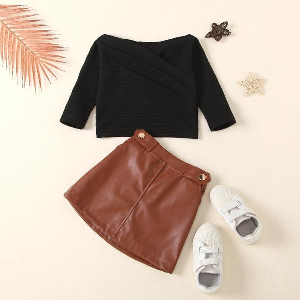 

clothing sets toddler kid girls 2pcs outfits off shoulder long sleeve knit + brown leather skirt clothes set, White