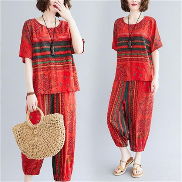 

summer 2021 cotton and linen suit women's fashion printing casual seven-point wide-leg harem pants two-piece tide 019 tracksuits, Gray