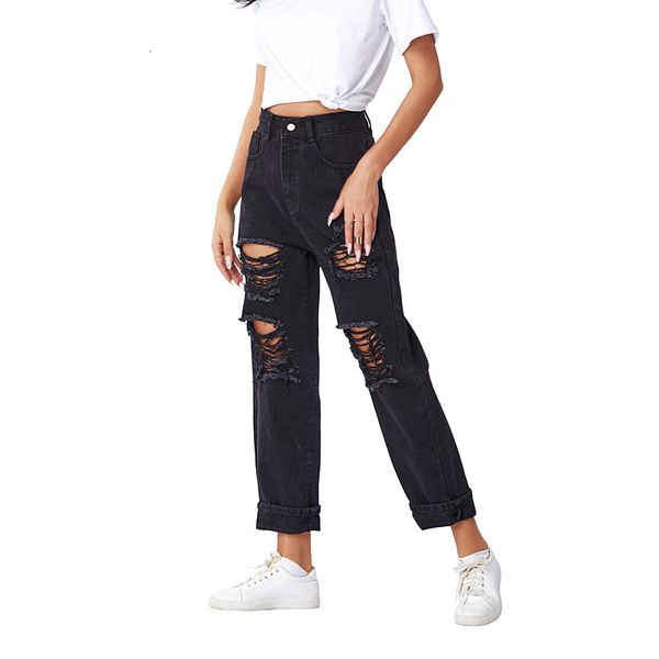 

high-waisted black punk style torn hole streetwear long pants denim long-legged boyfriend deep-jeans woman, Blue