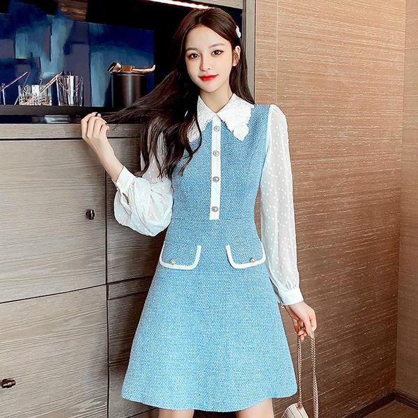 

korean runway office lady patchwork tweed dress women long sleeve turn down collar slim waist buttons autumn vintage vestidos casual dresses, Black;gray