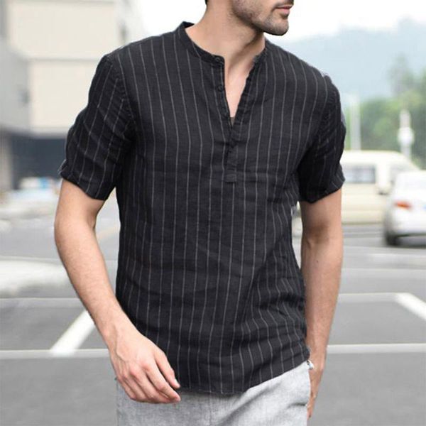 

men's casual shirts 2021 men striped shirt cotton linen lapel streetwear short sleeve button basic summer camisa masculina s-3xl, White;black