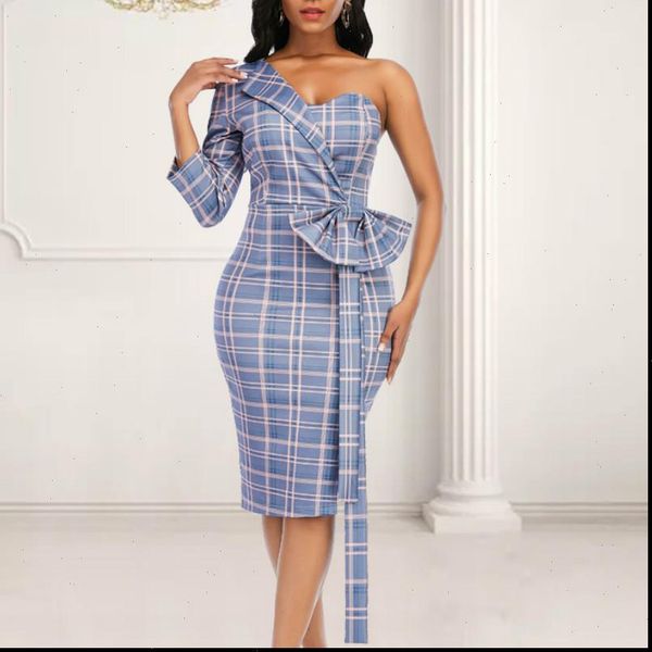 

women dresses plaid dress irregular sleeve with bowtie off one shoulder bodycon slim classy plus size office lady fashion african, Black;gray