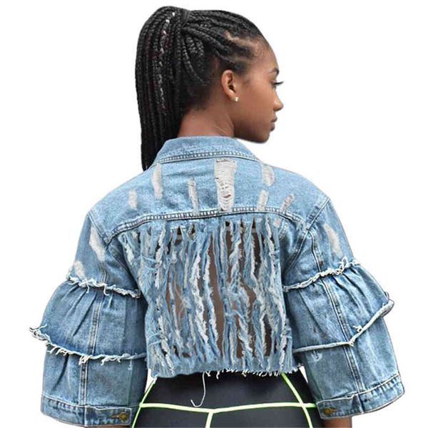 

women's jackets tsuretobe plus size streetwear ripped denim women loose flare sleeve jean crop coat turn-down collar outwear femal zhth, Black;brown
