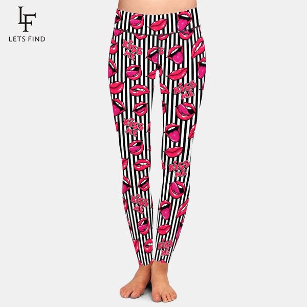 

women's leggings letsfind high quaility super soft milk silk print 3d female lips ppattern women pants waist plus size fitness, Black
