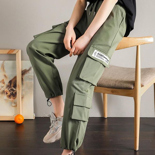 

women's pants & capris women casual loose cargo ladies fashion high wasit drawstring streetwear trousers female jogging sports, Black;white