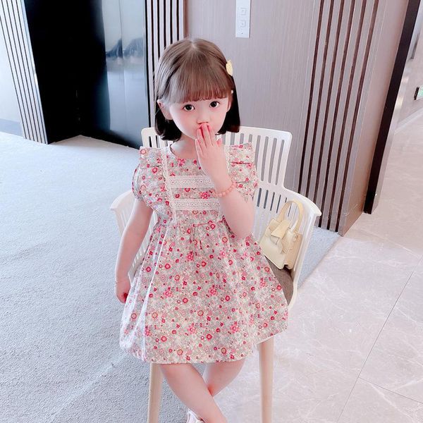 

girls casual dresses summer children floral princess dress fashion lace cotton party kids vacation clothes girl's, Red;yellow