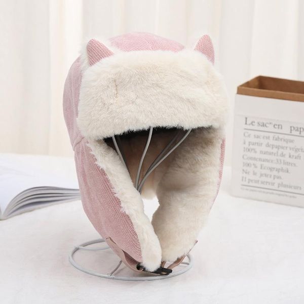 

berets faux fur bomber hat for women 2021 ear protection warm knit russian cut cat ears pink winter, Blue;gray