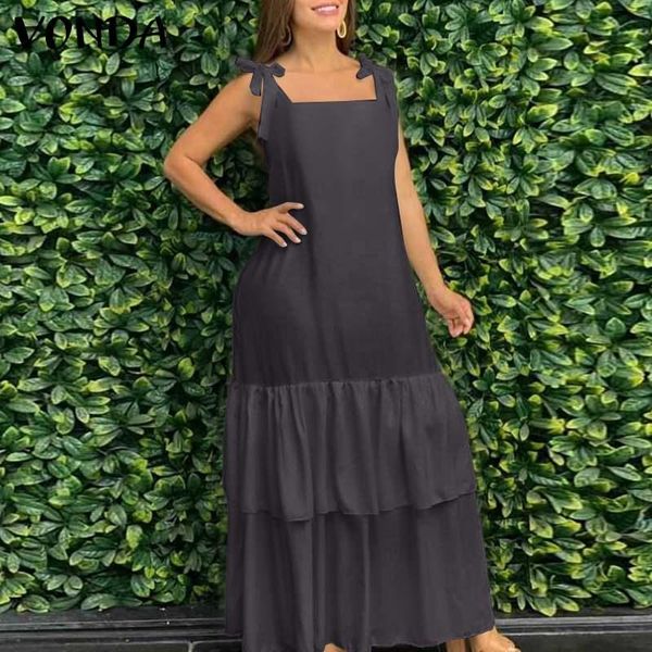 

casual dresses women party dress summer long maxi 2021 vonda holiday beach sundress pleated ruffled vestido, Black;gray