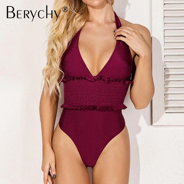 

berychy solid wine red ruffled trim one-piece swimsuit v-neck straps women monokini 2021 girl beach bathing suit swimwear suits