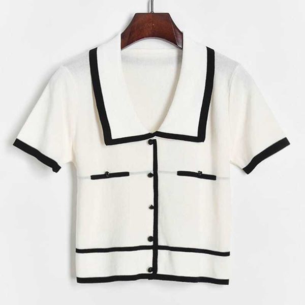 

hit color turn down collar crop cardigan fresh all-match thin knit blouses for women elegant office lady woman summer 210525, White;black