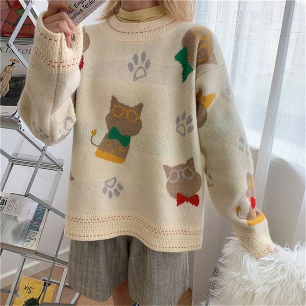 

style female standard cat winter jumper harajuku sweater, White;black