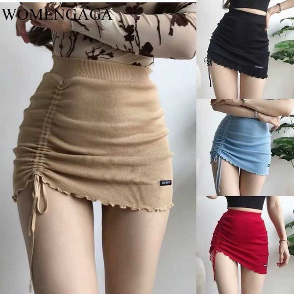 

irregular high waist elastic short skirt tight package hip side drawcord knitted mini fashion street adjustable bkm4 210603, Black