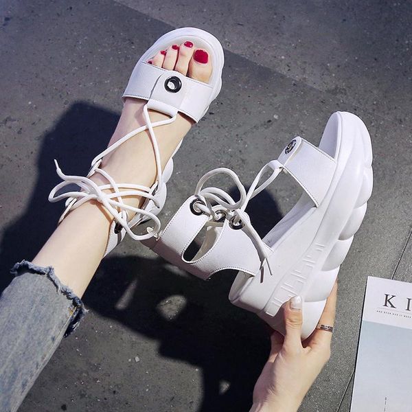 

sandals women's wedges shoes summer platform 7cm high heels 2021 femme leather white, Black