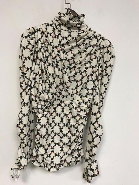 

early autumnwomen's irregular pleated blouse kaleidoscope printing turtleneck long sleeve casual female women's blouses & shirts, White
