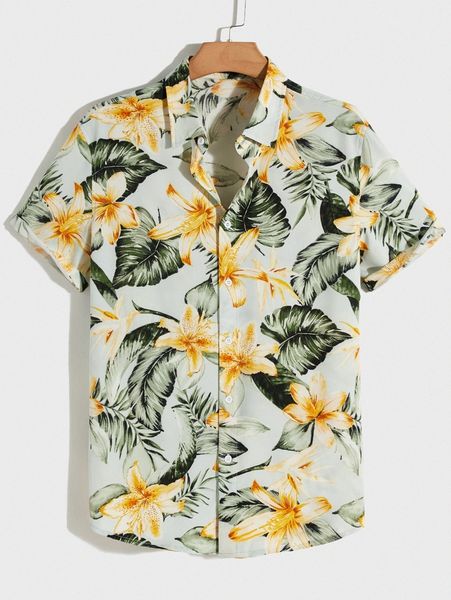 

men drop shoulder tropical print shirt i637#, White;black