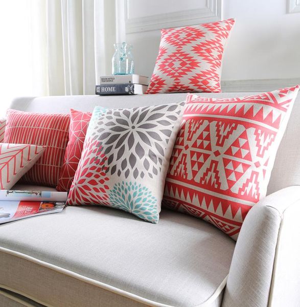

red flower pillowcase geometric decorative pillows throw case scandinavian linen cushion cover home decor for sofa 45x45 cushion/decorative