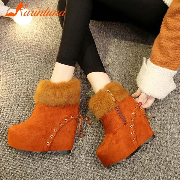 

boots 2021 brand fashion shoes women flock short plush wedges heels platform zip up ankle autumn winter lace-up, Black