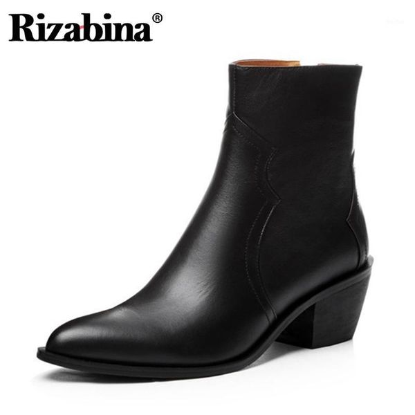 

boots rizabina woman ankle thick heel real leather zipper winter shoes fashion cool footwear size 34-391, Black
