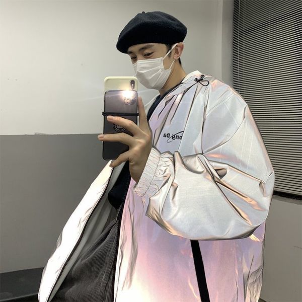 

men's hoodies & sweatshirts double sided men's jacket trend korean street lamp hip hop reflective pico casual style handsome cloth, Black