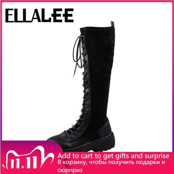 

boots mid-calf black women microfiber upper patchwork round toe high/low lace-up chunky low heel breathable female1