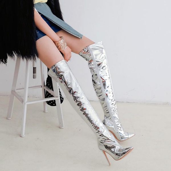

boots zipper silver heel large size pointed high side, Black