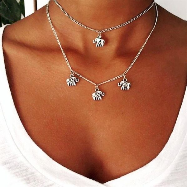 

chokers bohemian multi-layer elephants pendants layering vintage antique silver chain choker necklace for women, Golden;silver