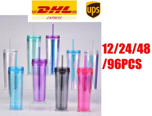

mugs dhl 12/24/48pcs 18oz acrylic skinny tumblers double wall insulated plastic tumbler coffee reusable sippy cup with straws lids