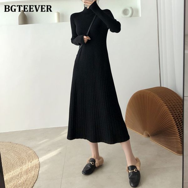 

2021bgteever elegant warm half turtleneck ladies a-line sweater dress full sleeve slim waist women knitted mid-calf vestidos autumn, Black;gray
