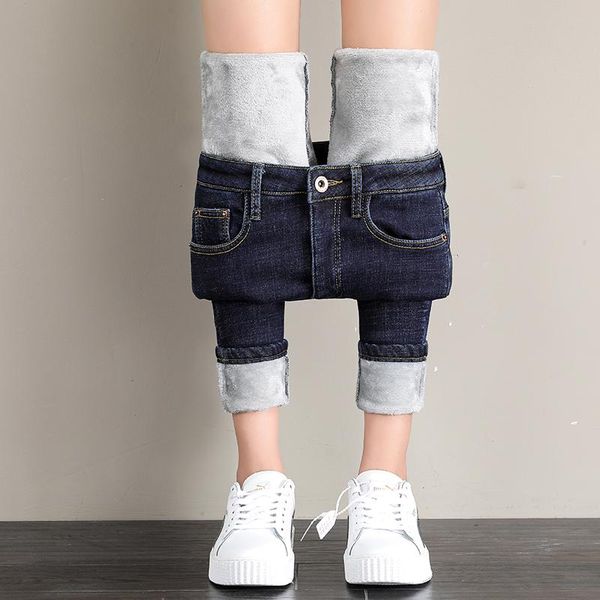

women's jeans women clothing thick winter plus velvet high waist skinny warm slim fit stretch ladies fleece denim pencil pants, Blue