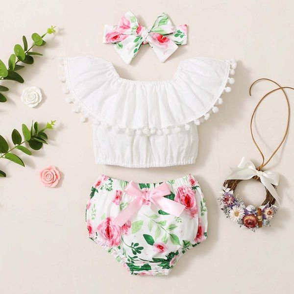 

clothing sets summer born infant baby clothes toddler kid girls sleeveless print shorts headwear suit girl set, White