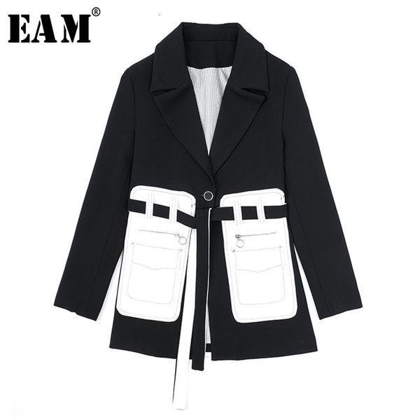 

[eam] women black pocket split temperament blazer new lapel long sleeve loose fit jacket fashion spring autumn 1s394 201013, White;black