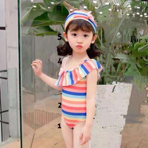 

girls 2021 summer cute rainbow striped fashion beach bathing suit baby girl bowknot swimsuit one-piece one-pieces, Black