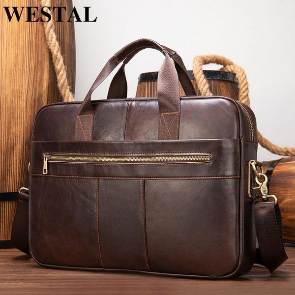 

briefcases westal men's leather bags for men lapbag 15.6'' business genuine a4 document computer