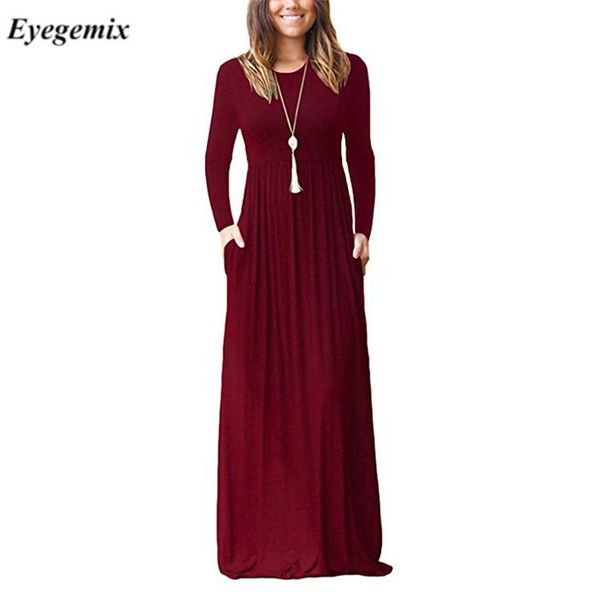 

women spring autumn black dress femme long dresses plus size boho pocket maxi solid sleeve o-neck casual, Black;gray