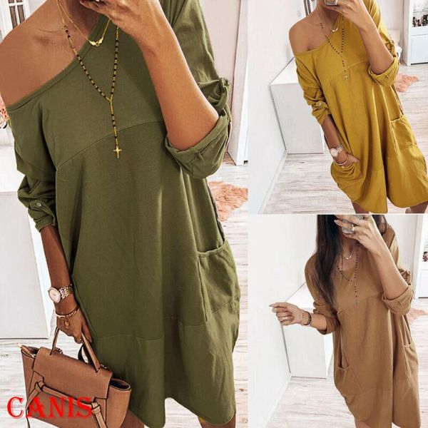 

women plain dress long sleeve o-neck shirts ladies casual loose spring fall plus with pockets female solid dresses, Black;gray