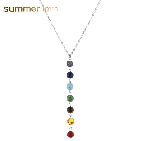

pendant necklaces simple style 7 chakra multicolor natural stone beads necklace long chain for women charm collier collares yogo jewelry, Silver