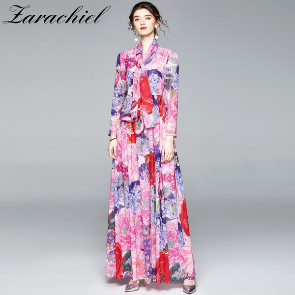 Женщины элегантный многоцветный цветочный принт Boho Beach Chaintage Chiffon Maxi женский рукав лук пояс длинные плиссированные платья 210416