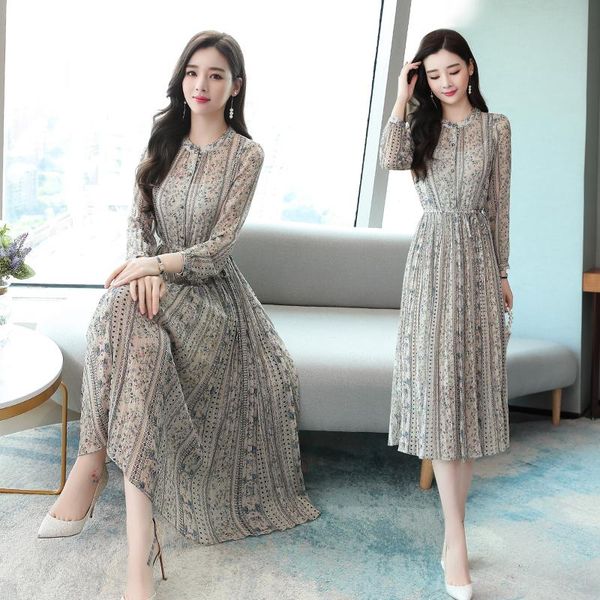 

casual dresses 2021 vintage chic print chiffon midi autumn winter plus size long sleeve dress elegant women bodycon party vestidos, Black;gray
