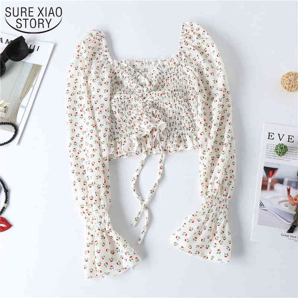 

short design navel chiffon shirt square collar blouse drawstring super fairy sweet floral women blusa 10228 210508, White