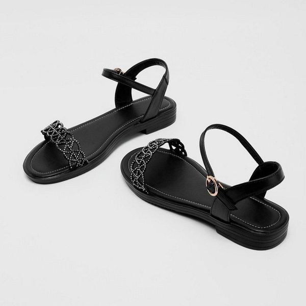 

sandals sianie tianie 2021 summer genuine leather woman's shoes bohemian bling crystal glitter casual flats for women size 34-43, Black