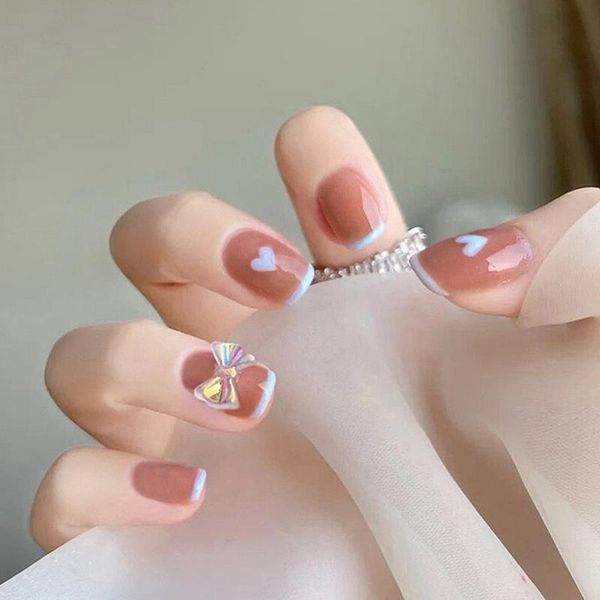 

24pcs fake nails with designs removable bow jelly nail piece adhesive cute manicure patch false save time dl, Red;gold