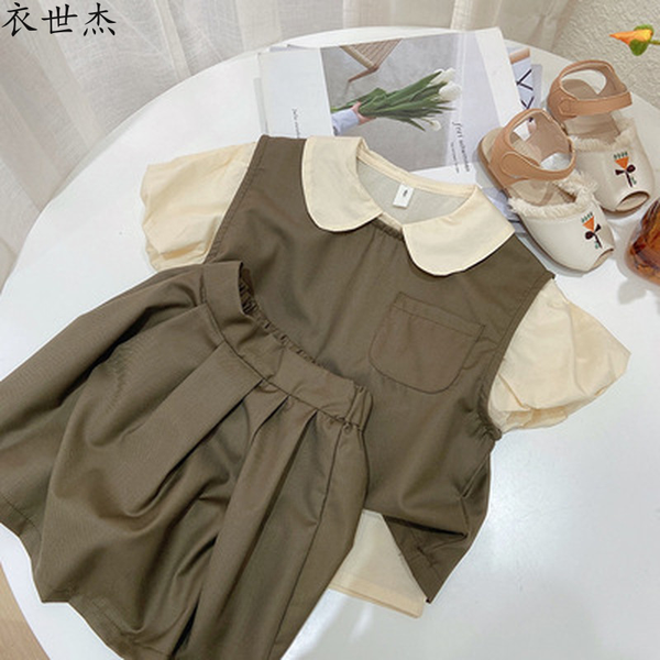 

2022 girls skirt suit summer new korean childrens fashion sleeveless shirt pleated skirt two-piece trend, White