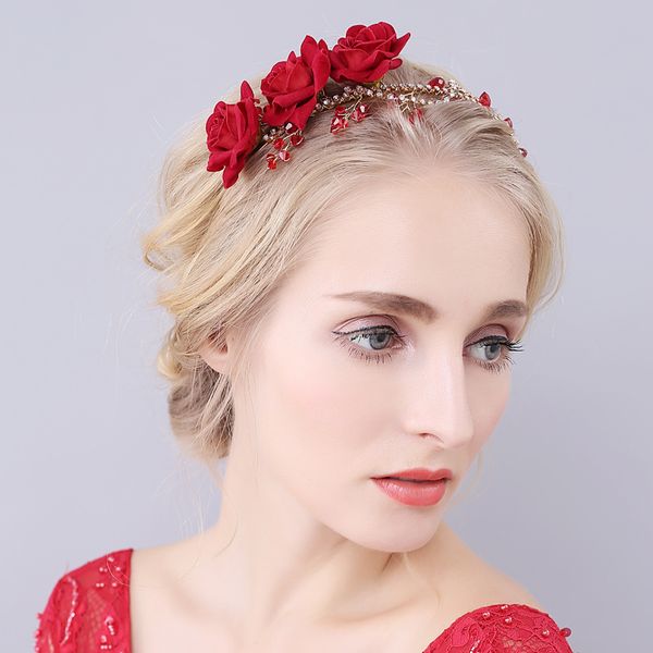 

o931 exquisite wedding bridal headpiece alloy velvet rose head flower hairband with red rhinestone marriage bride to be headdress, Silver