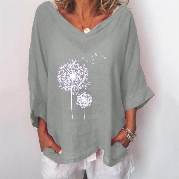 

4# dandelion print t-shirt lady women's clothes v-neck short sleeve printed tee t-shirts tunics ropa mujer, White
