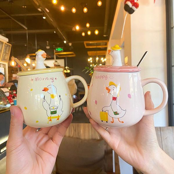 

cute cartoon duck belly cup creative ceramic coffee tea mug with lid spoon lovely couple water female student for gifts mugs