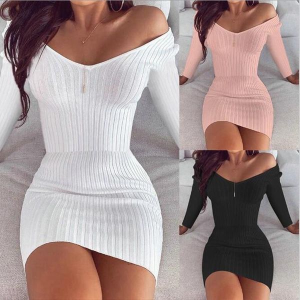

casual dresses 2021 autumn women bodycon dress solid v-neck long sleeve slim rib knitted mini thin pink black white vestidos, Black;gray